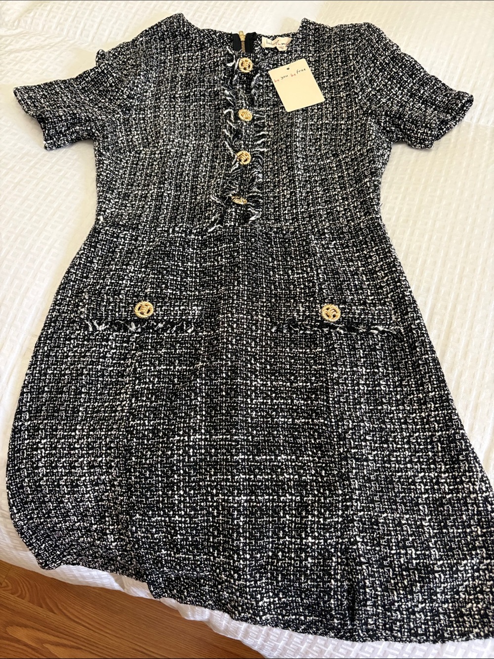 Juniors Black & White Tweed Dress with Gold Buttons
